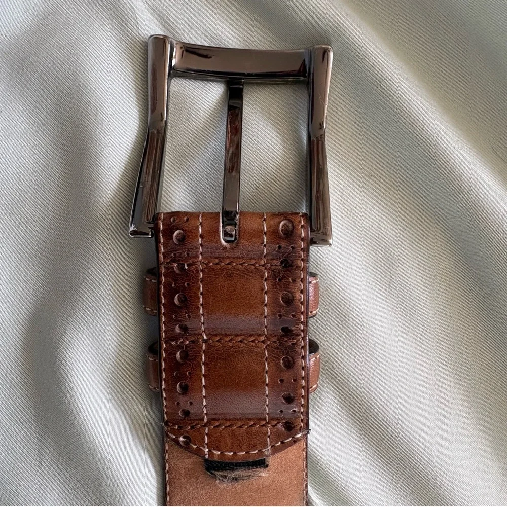 Mezlan Brown Leather Belt Brogue Perforated Patina Silver Buckle Spain
